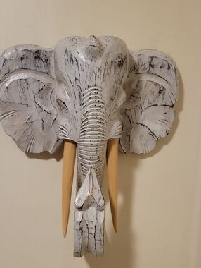 White Distressed Elephant Wall Sculpture with Tan Tusks